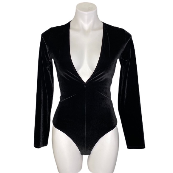 Express Tops - Express Black Plunging Velvet Bodysuit